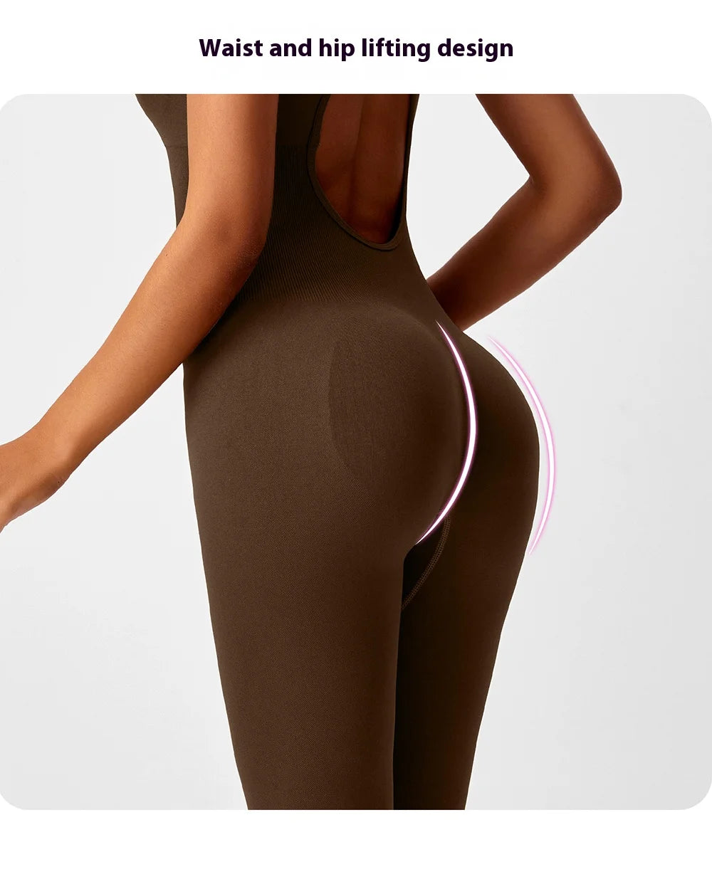 Seamless peach-colored women's yoga bodysuit with V-back, designed for workout and activewear, by The Clothing Company Sydney.