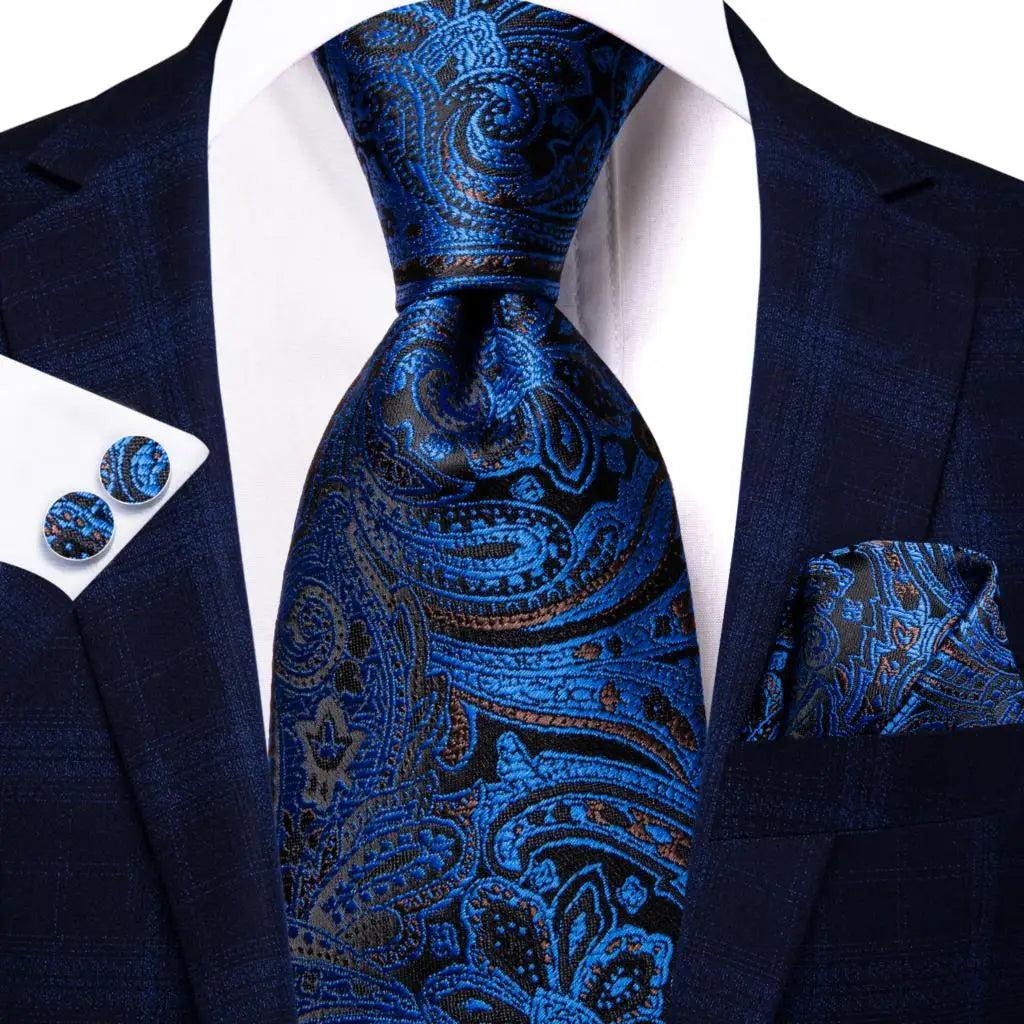 Blue paisley silk tie set for men including necktie, cufflinks, and hanky, stylish accessories from The Clothing Company Sydney.