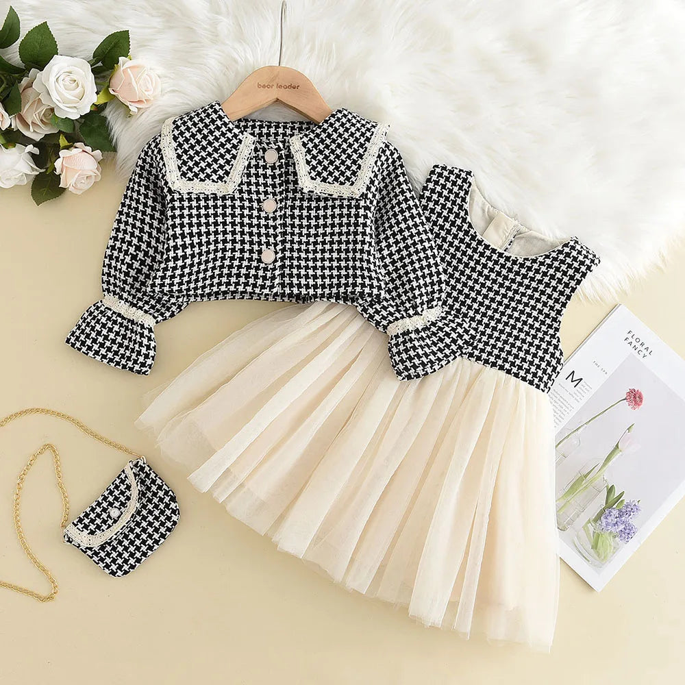 Girls' plaid vest dress and coat set by The Clothing Company Sydney, perfect for spring and autumn kids' fashion outfits.