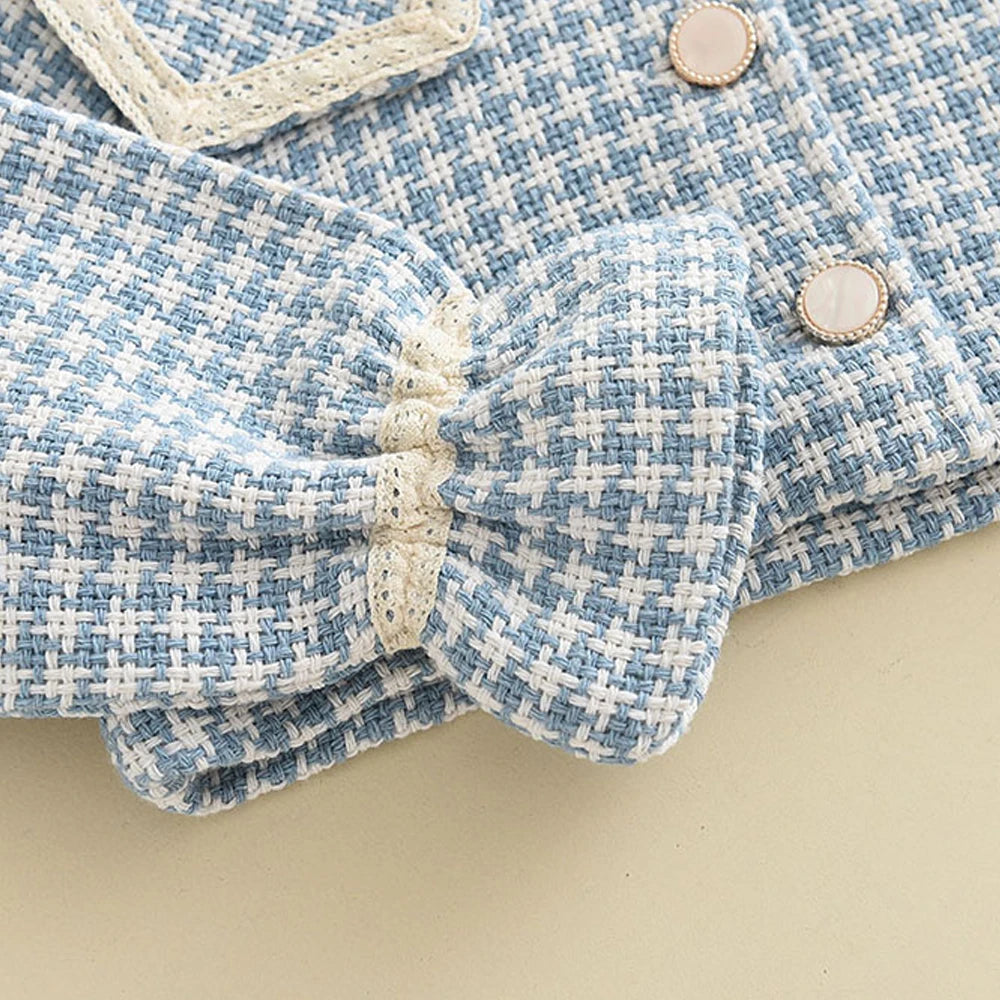 Three-piece girls' spring autumn plaid vest dress and coat set by The Clothing Company Sydney, featuring retro style and baby party outfits.