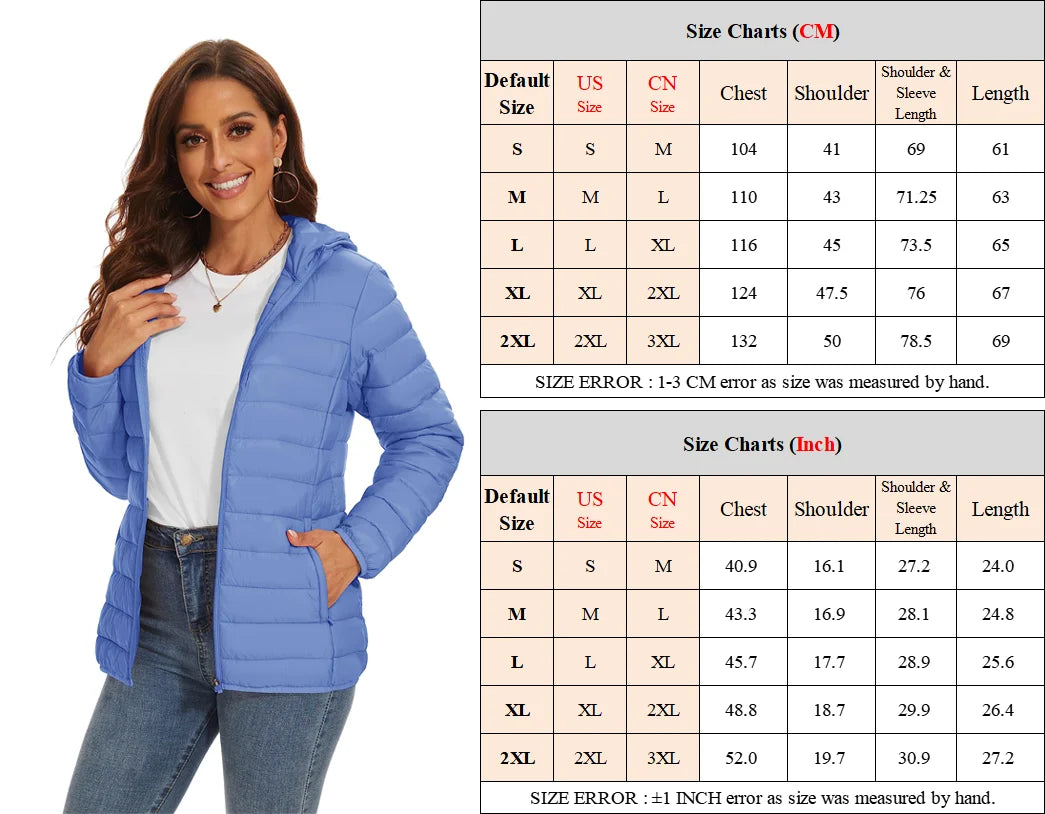 Warm women's puffer hooded quilted jacket with waterproof, lightweight design, multiple pockets, suitable for winter camping and outdoor activities.