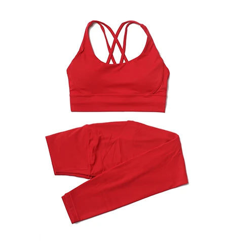 Nylon women's yoga set with sports bra and leggings, breathable fitness tracksuit from The Clothing Company Sydney.
