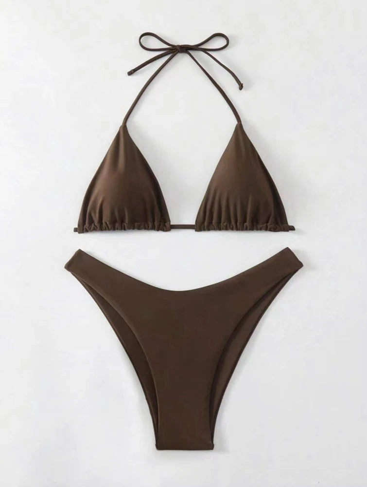 2 Piece Thong Bikini Solid White/Black/Coffee Halter Swimsuit Lace Up Brazilian Bathing Suit Double Fabric Beachwear The Clothing Company Sydney
