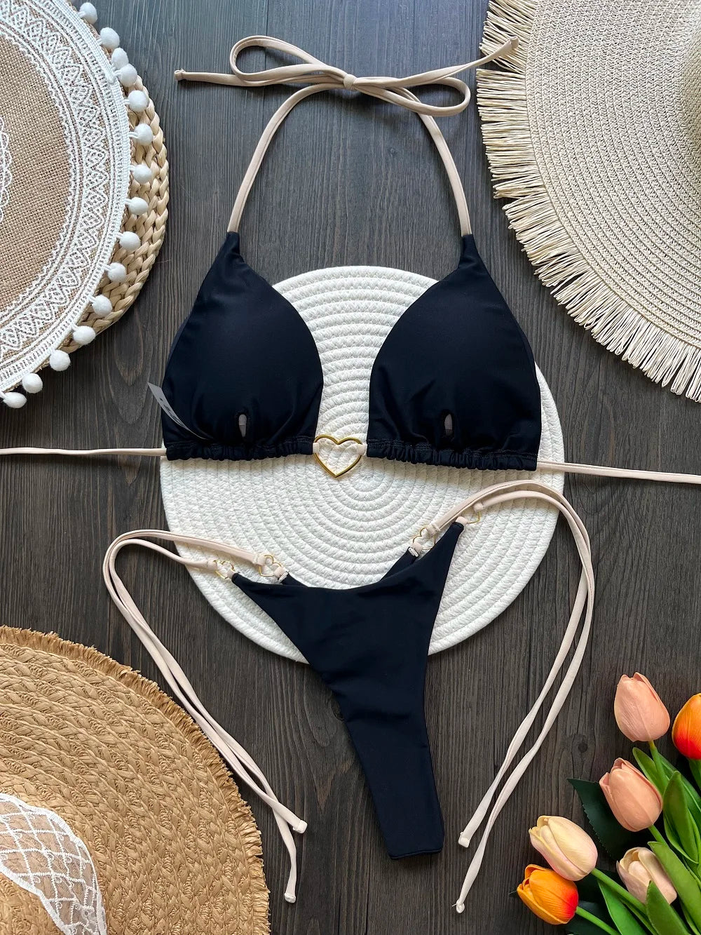 Solid color halter bikini set for women, two-piece swimsuit with triangle top and thong bottom, from The Clothing Company Sydney.