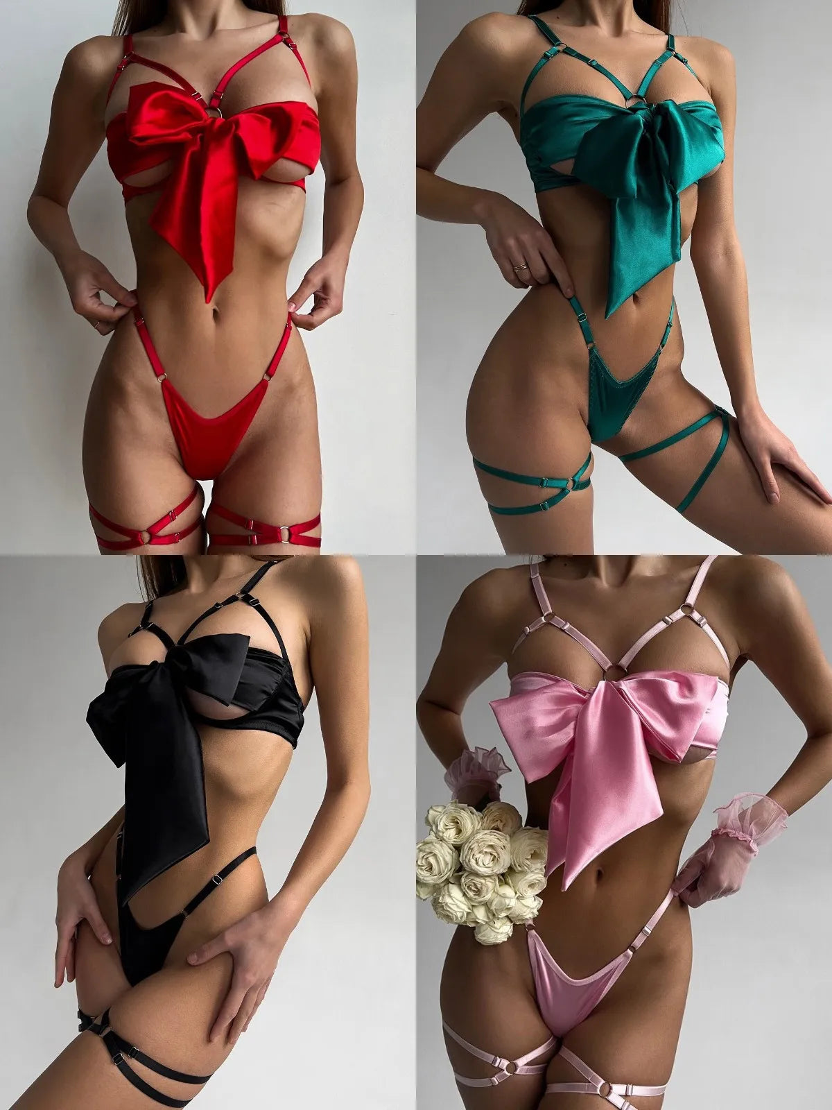 Bowknot Lingerie Open Bra Lace Up Underwear 3-Piece Satin Outfit Set The Clothing Company Sydney