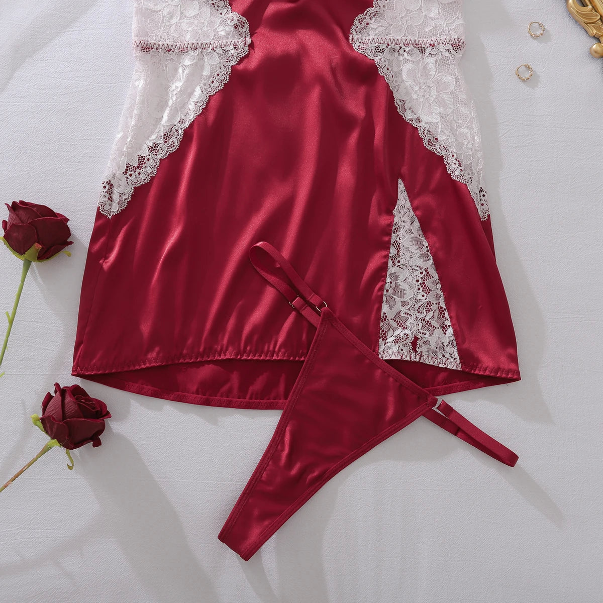 Deep-V neck satin lingerie slip dress with lace patchwork and split design, stylish nightwear for women by The Clothing Company Sydney.