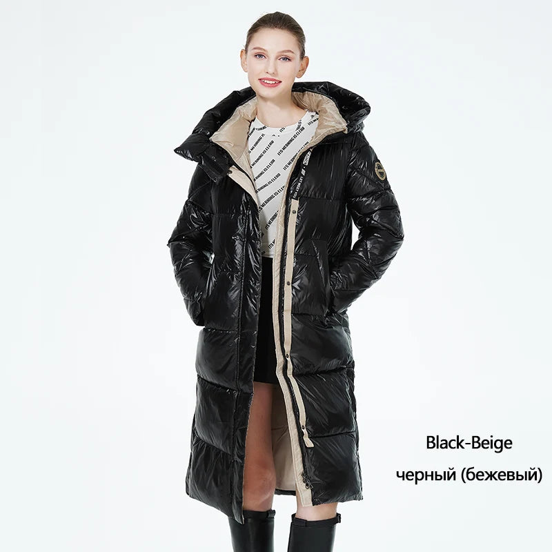 Women’s long hooded winter parka by The Clothing Company Sydney, thick quilted puffer jacket with pockets and cozy insulation.