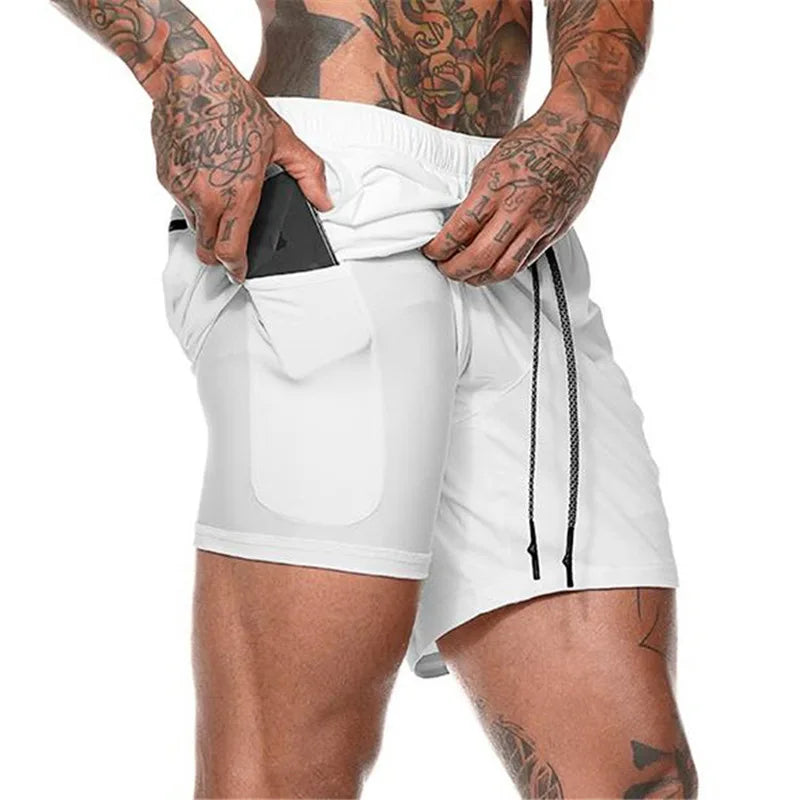Men’s 2-in-1 running shorts by The Clothing Company Sydney, featuring double-layer gym training and beach sportswear, shown on a model.