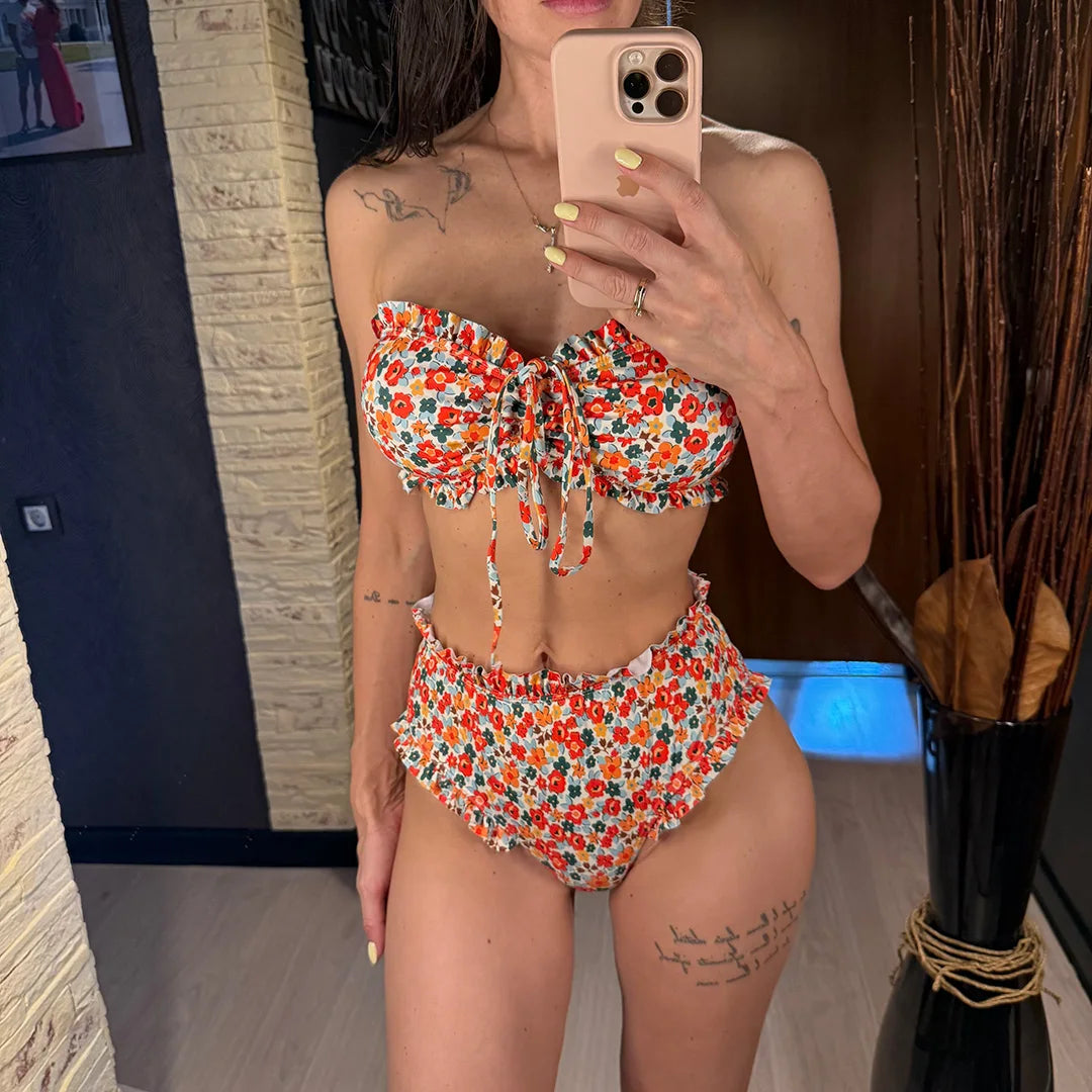 Floral print bandeau high waist bikini swimsuit for women, two-piece swimwear from The Clothing Company Sydney, beachwear bathing suit