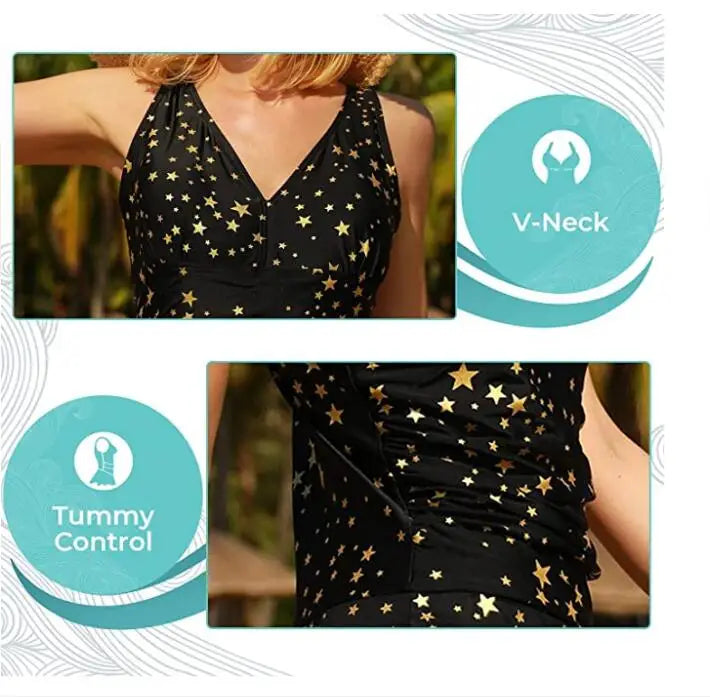 Women’s floral print modest swim dress by The Clothing Company Sydney, plus-size padded one-piece swimsuit with full coverage.
