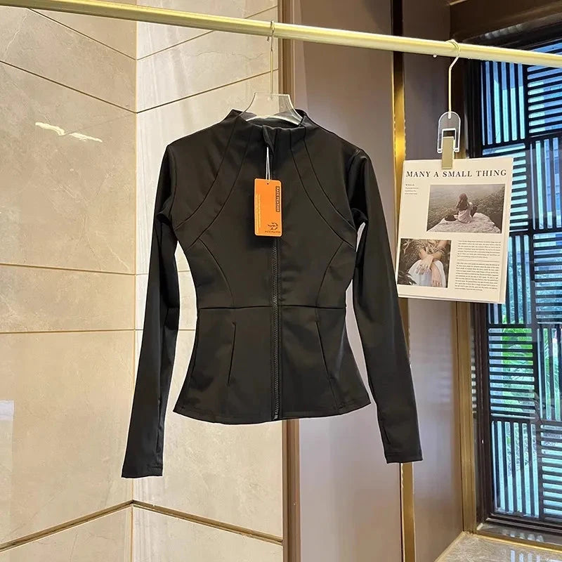 Women’s fitness zip sports jacket by The Clothing Company Sydney, long sleeve yoga and gym top for running and active workouts.