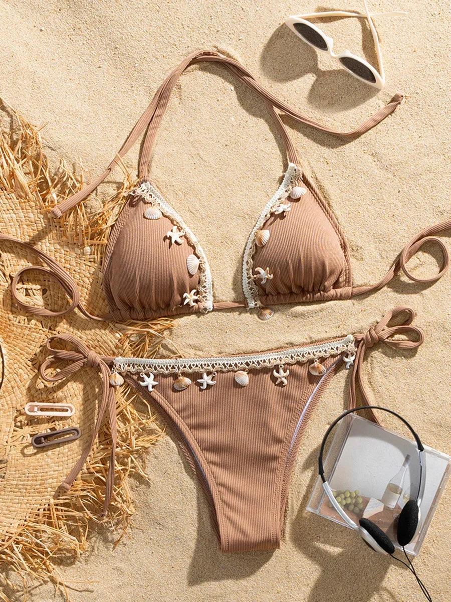 Ribbed shell-inspired two-piece bikini set for women with halter straps by The Clothing Company Sydney, featuring strappy swimwear design.