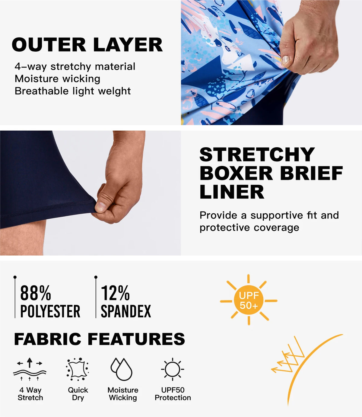 Mens Swimming Trunks with Compression Liner Stretch Swimwear 2 in 1 Quick Dry Running Gym Swim Shorts Board Shorts - The Clothing Company Sydney