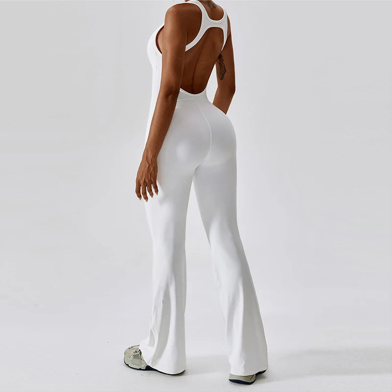 Open back V jumpsuit gym set for women, made by The Clothing Company Sydney, featuring a stretch fitness bodysuit for yoga and workouts.