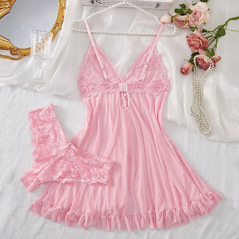 2-piece women's plus-size lace lingerie set with bra, suspender, nightgown and thong