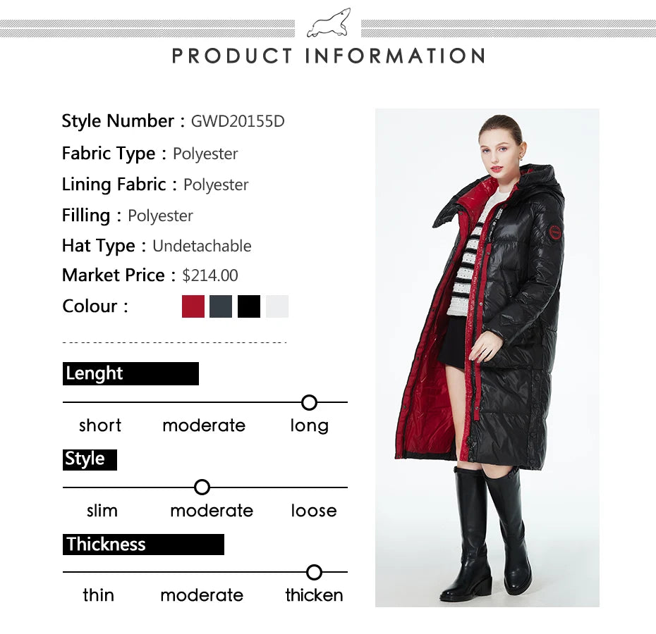 Women’s long hooded winter parka by The Clothing Company Sydney, thick quilted puffer jacket with front pockets.