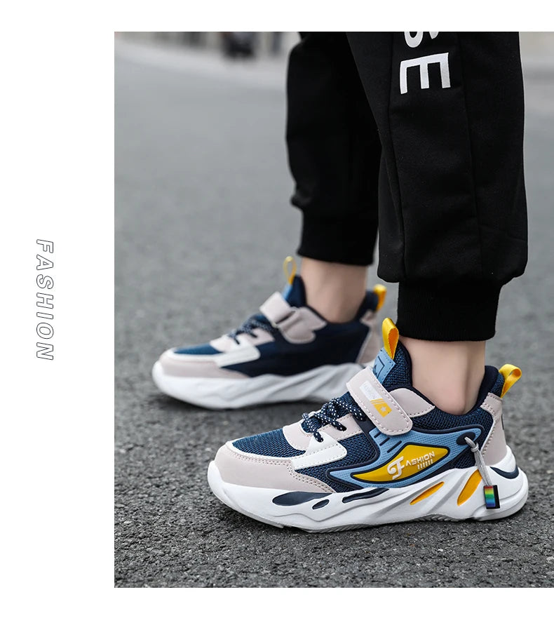 Boys’ breathable mesh sneakers by The Clothing Company Sydney, lightweight kids sports shoes with non-slip sole and hook & loop closure.