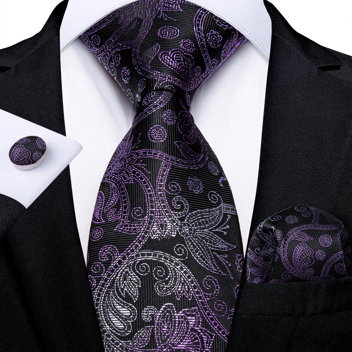 Luxury purple paisley silk tie set for men, 8cm wide, stylish accessories from The Clothing Company Sydney.