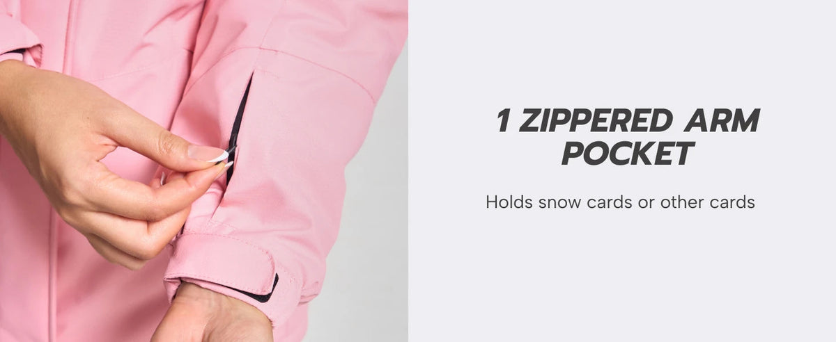 Women's winter ski jacket by The Clothing Company Sydney, waterproof fleece-lined windbreaker with hood for snowboarding and mountain snow.