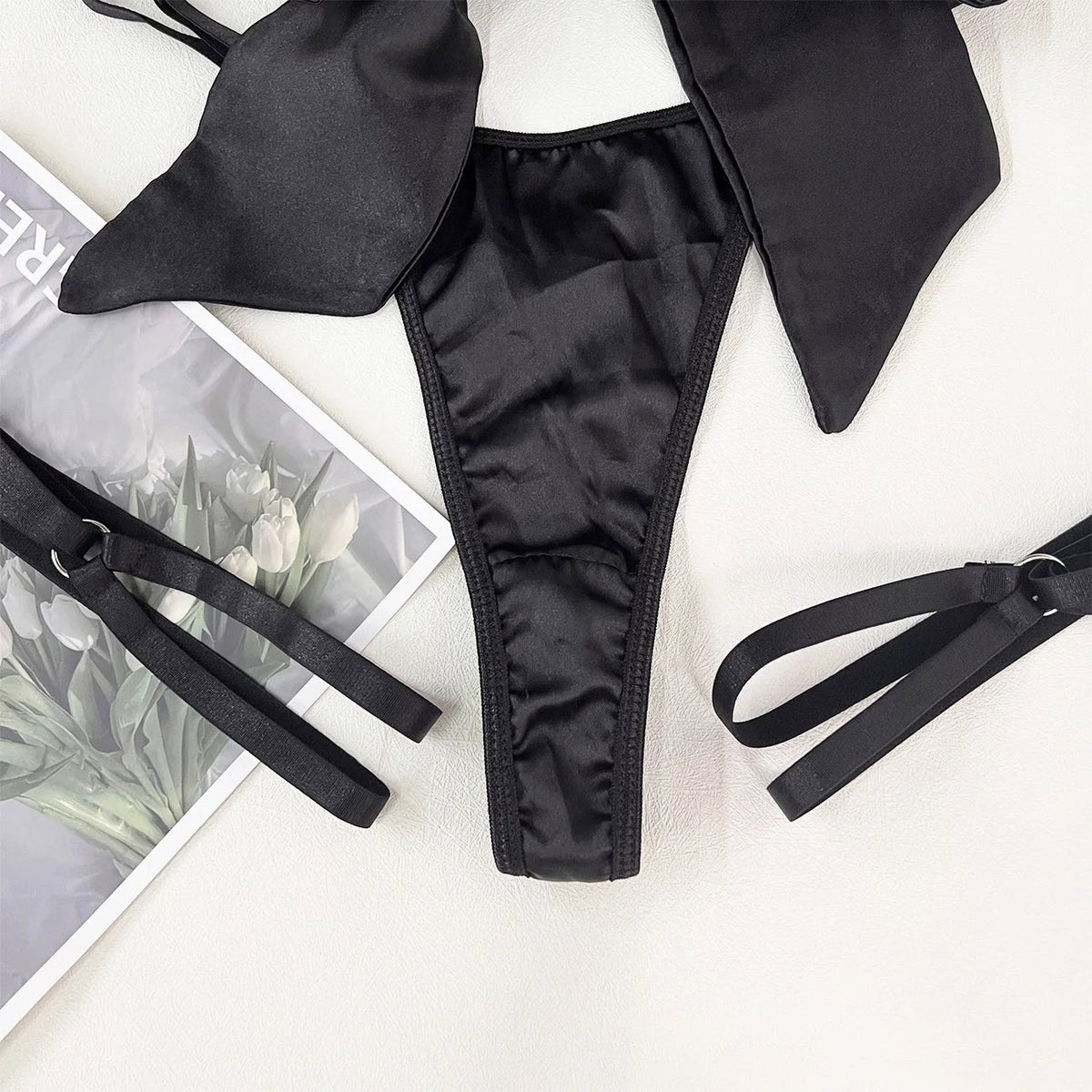Bowknot Lingerie Open Bra Lace Up Underwear 3-Piece Satin Outfit Set The Clothing Company Sydney