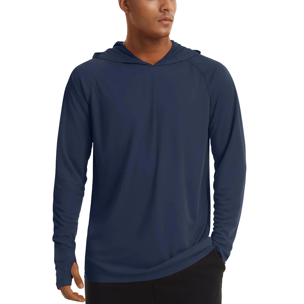 Men's UPF 50+ hooded T-shirt from The Clothing Company Sydney, quick-dry long sleeve outdoor sports shirt with sun protection.