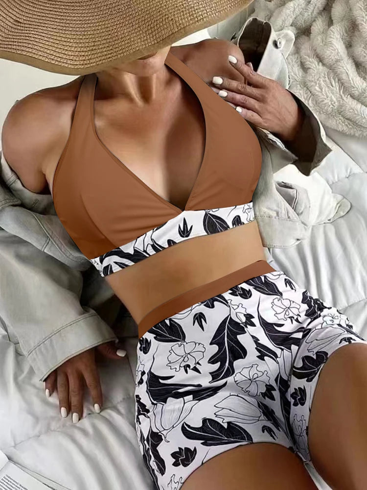 2 Piece Halter Bikini Set Shorts Swimsuit High Waist Swimwear Female Printed Bathers Swimming Bathing Swim Suit Beachwear - The Clothing Company Sydney