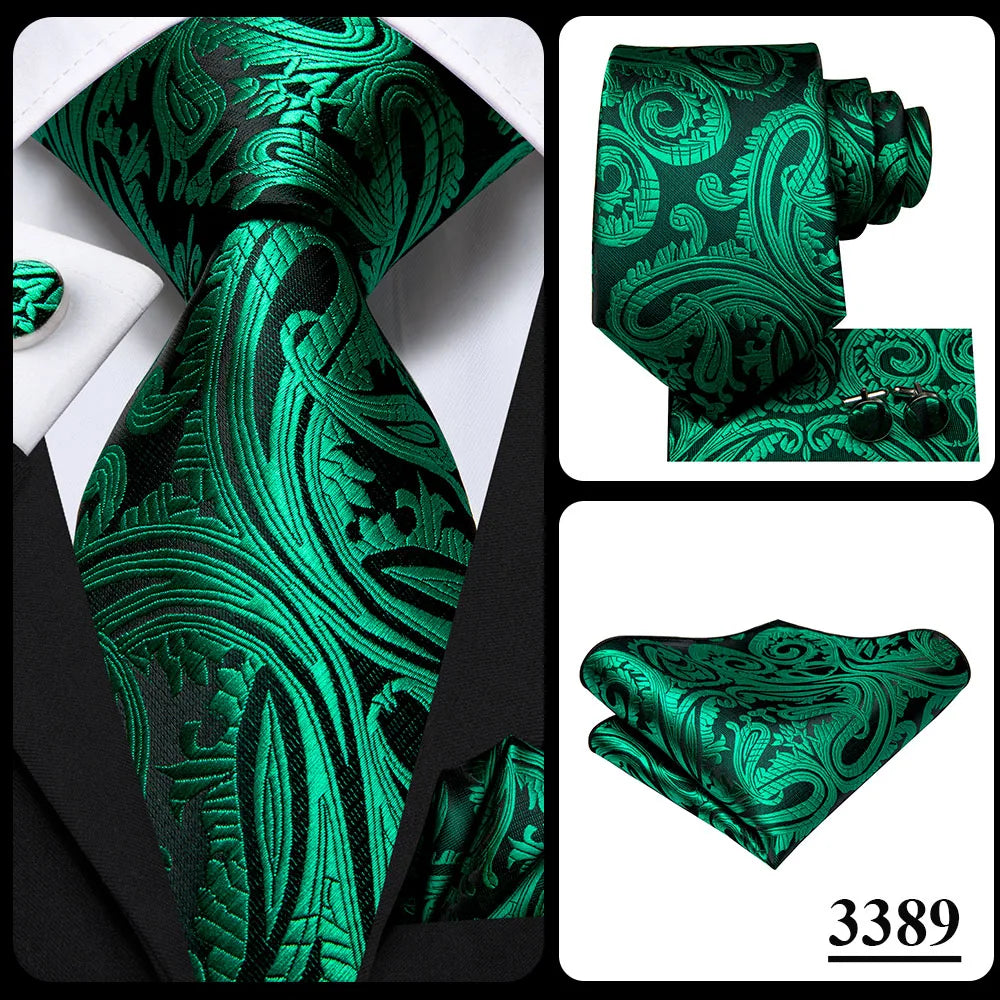 Green paisley silk tie set for men including necktie, pocket square, and cufflinks, styled with a crisp dress shirt.