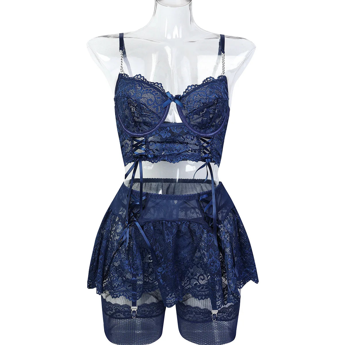 Elegant 5-piece women's lingerie set featuring lace G-string and skirt ensemble by The Clothing Company Sydney.