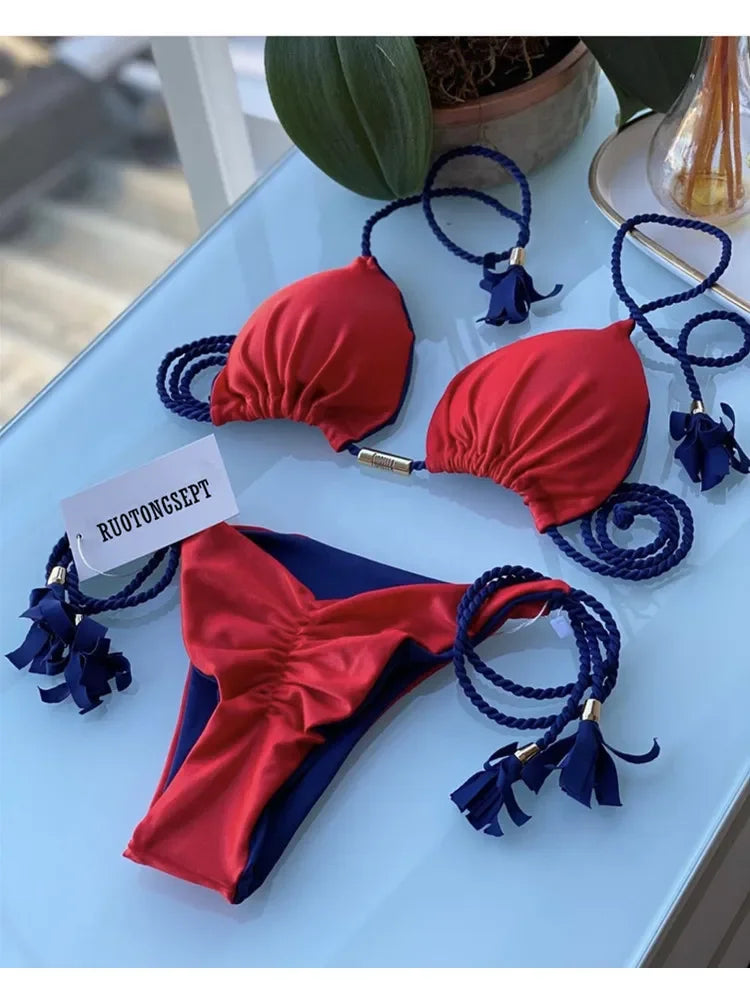 Backless women’s bikini with rope triangle top from The Clothing Company Sydney, featuring vibrant swimwear design and adjustable straps.