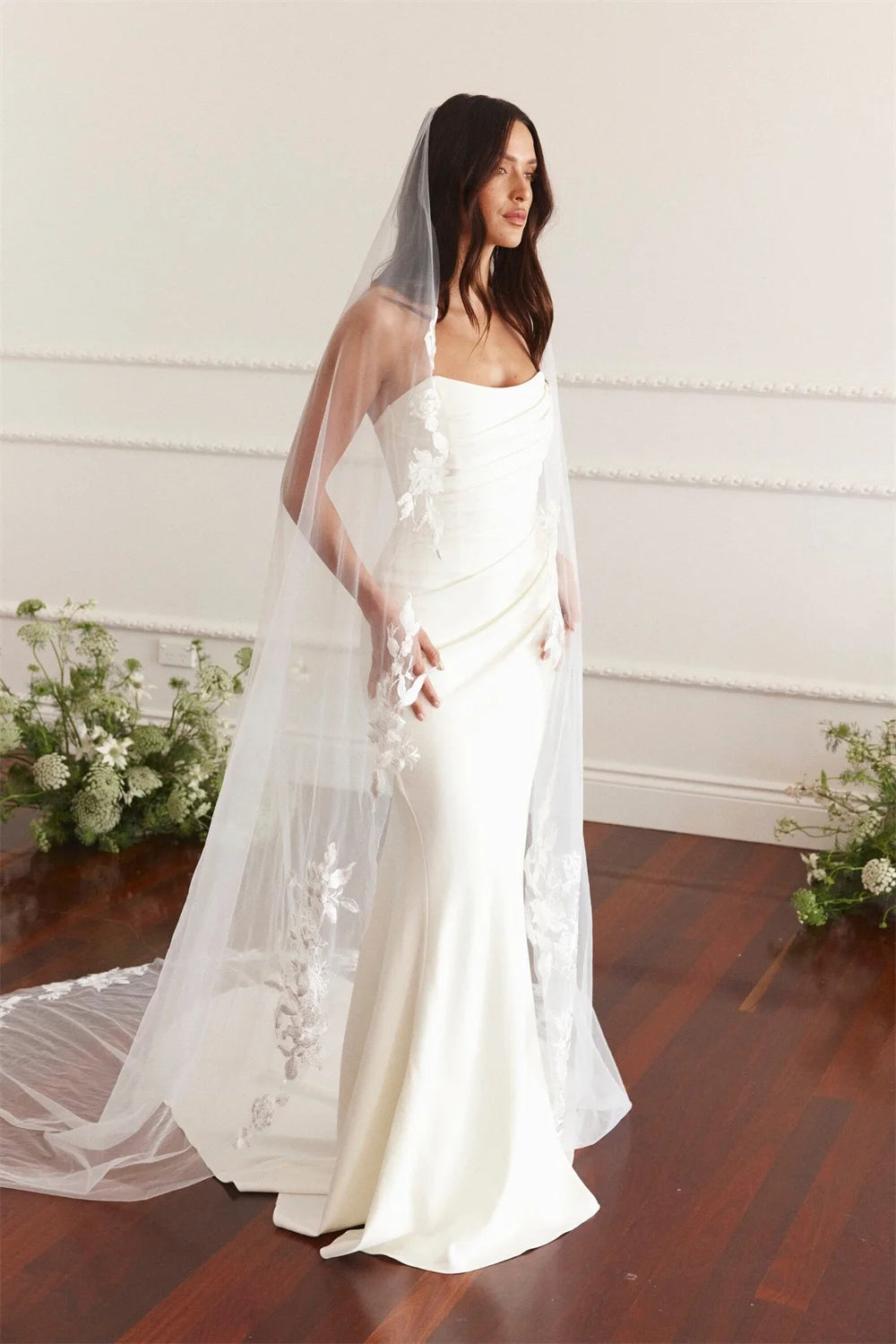 White Strapless Mermaid Long Train Simple Pleated Sleeveless Button Back Customized Formal Wedding Dress The Clothing Company Sydney