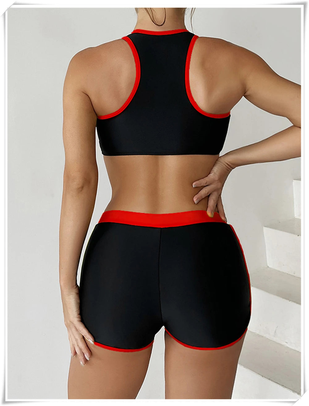 Two-piece swimsuit from The Clothing Company Sydney featuring a zip-up tankini top and high-waist shorts for beachwear and swimming.