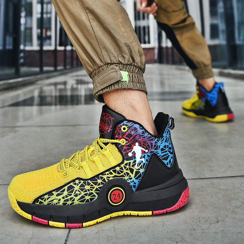 High-top basketball shoes from The Clothing Company Sydney with non-slip soles and breathable mesh uppers, suitable for athletic wear.
