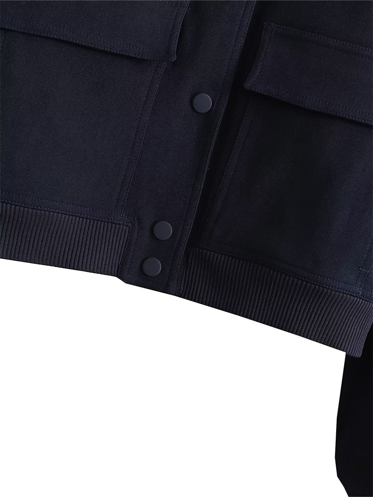 Women’s bomber jacket from The Clothing Company Sydney featuring a classic style with a zipper front and ribbed cuffs.