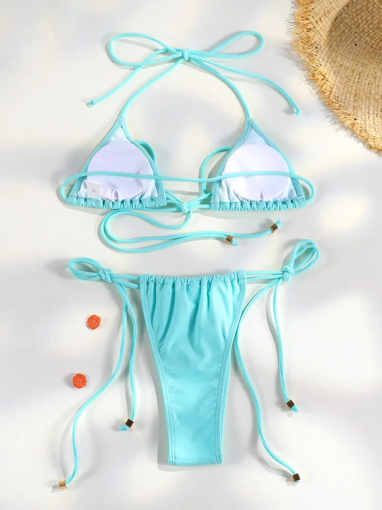 2 Piece Triangle Micro Thongs Swimsuit Bathing Suit Bandage Beachwear Print Swimwear Thong Bikini Set