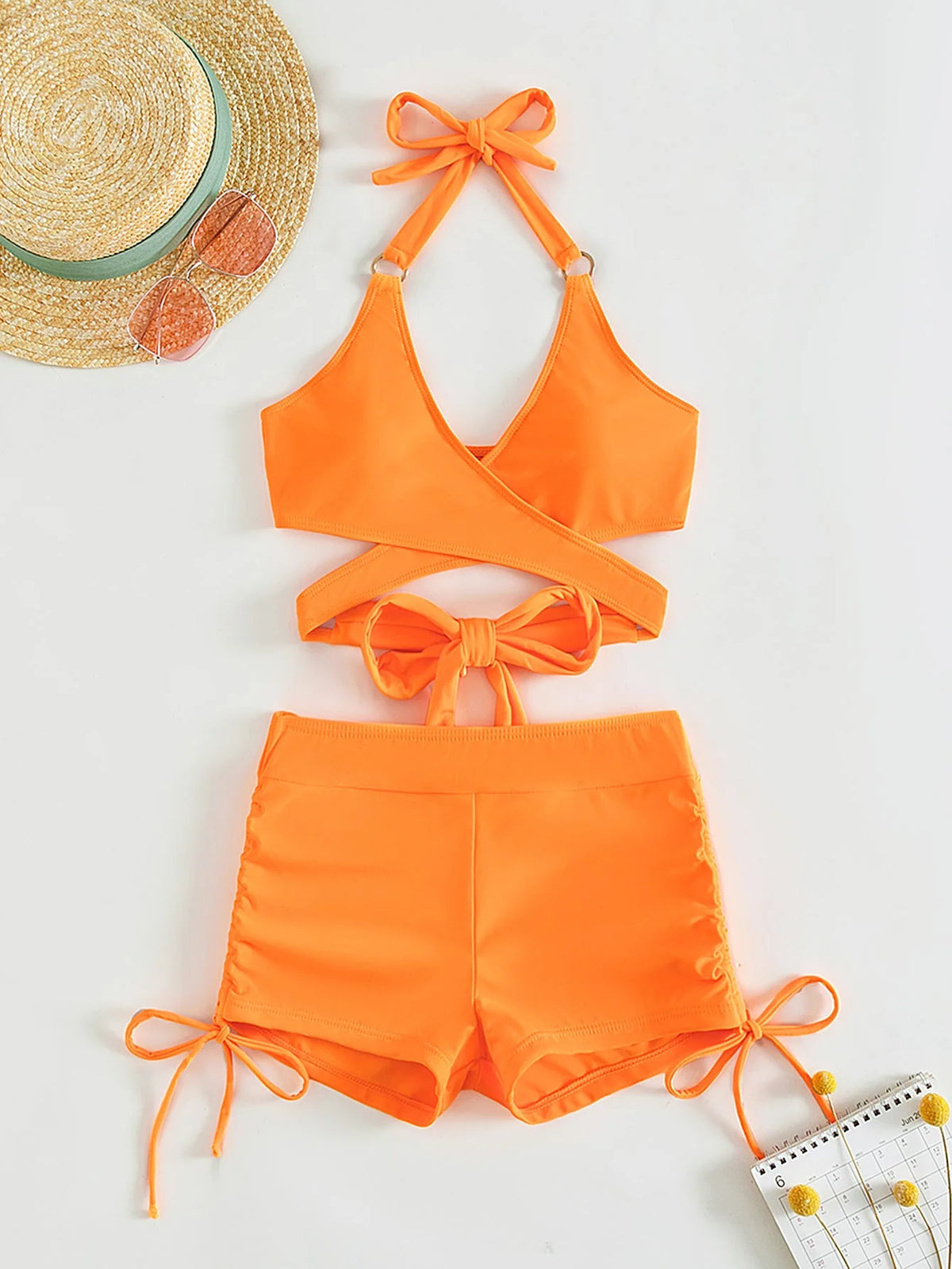 High waist two-piece bikini by The Clothing Company Sydney featuring solid hollow design, cross gather details, and drawstring for summer beachwear.