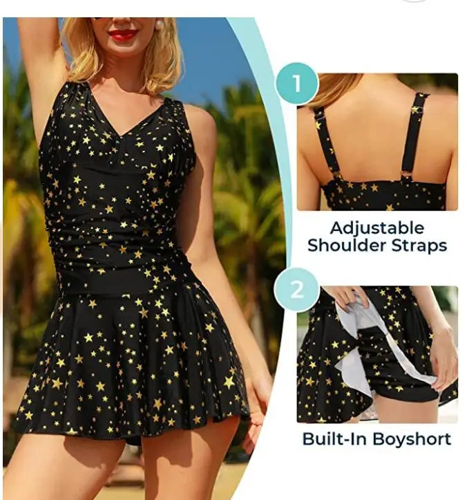 Women’s floral print modest swim dress by The Clothing Company Sydney, plus-size padded one-piece swimsuit with full coverage.