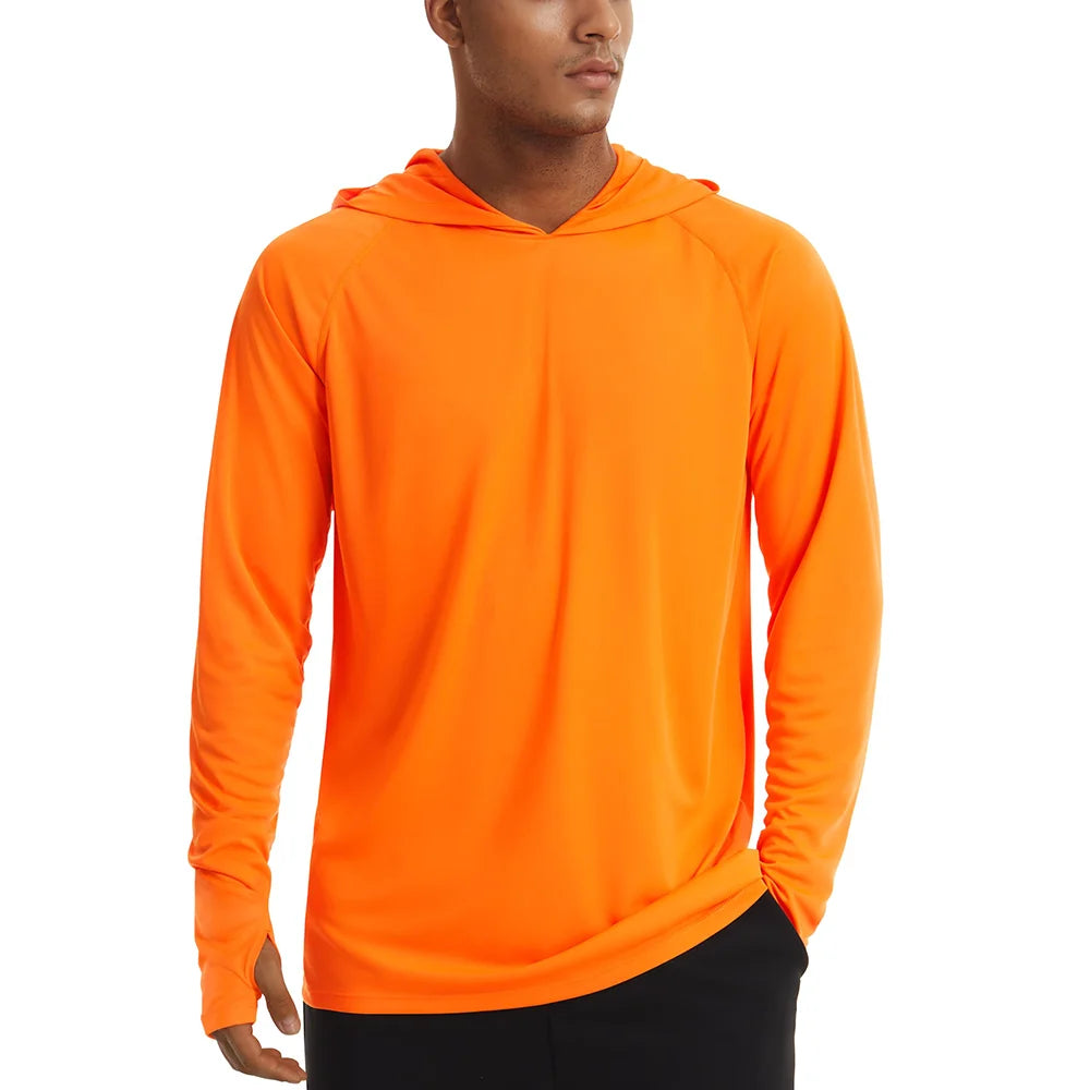 Men's UPF 50+ hooded T-shirt by The Clothing Company Sydney, quick-dry long sleeve shirt with sun protection for outdoor sports and running.