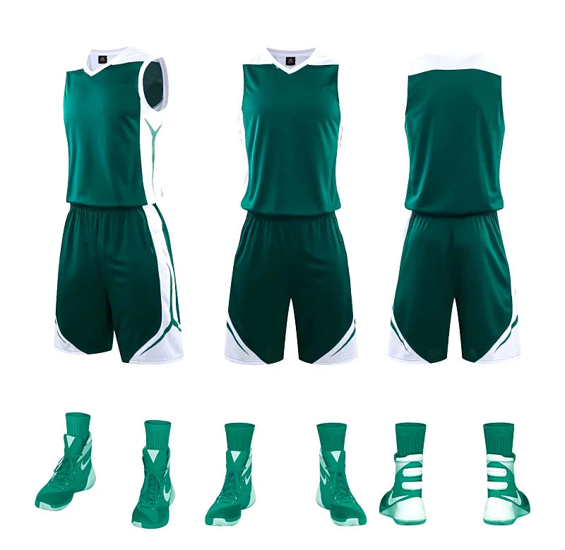 Two-piece sportswear basketball jersey and shorts set by The Clothing Company Sydney, featuring blank custom design for men, women, and kids.