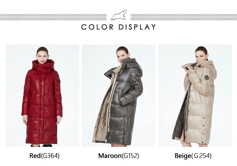 Women’s long hooded winter parka by The Clothing Company Sydney, thick quilted puffer jacket with front pockets.