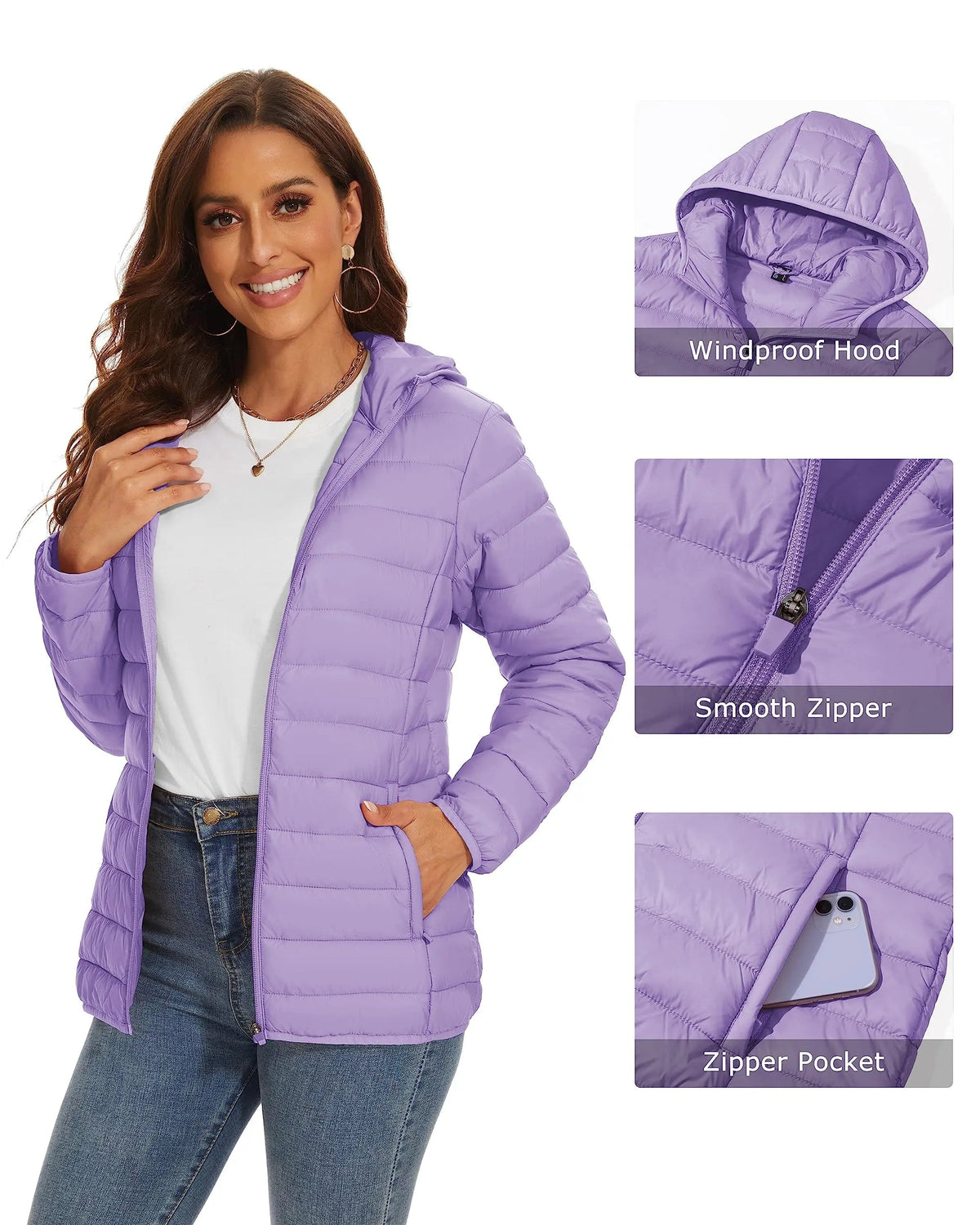 Warm women's puffer quilted hooded jacket with full zip, multiple pockets, waterproof winter coat by The Clothing Company Sydney.