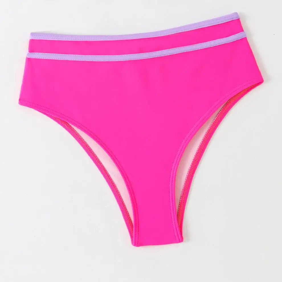 2 Piece Vintage Hot Pink Patchwork Bikini Set Summer Push Up Bra High Waist Swimsuit Beach Bathing Suit Two Piece Swimwear - The Clothing Company Sydney