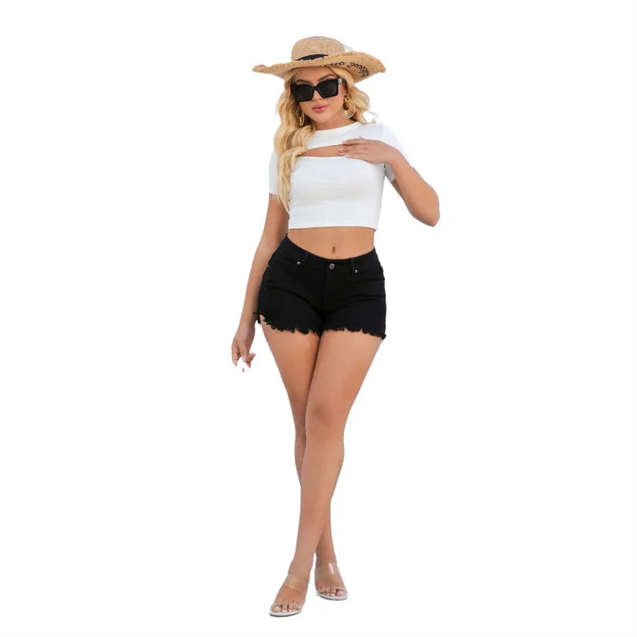 High waist denim shorts for women with frayed hem and slit detail, casual summer streetwear by The Clothing Company Sydney.