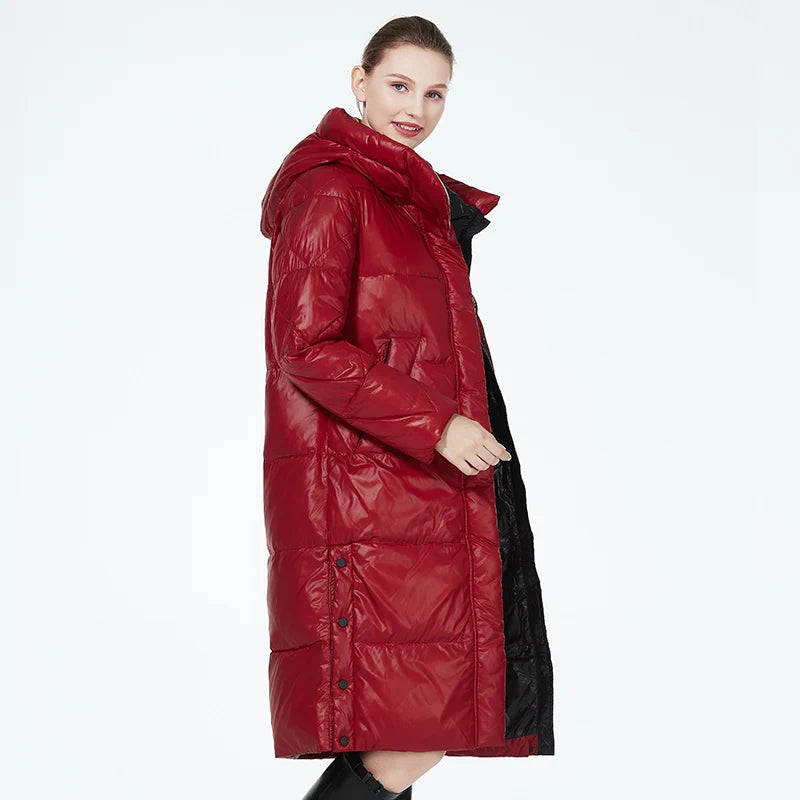 Women’s long hooded winter parka by The Clothing Company Sydney, thick quilted puffer jacket with front pockets.