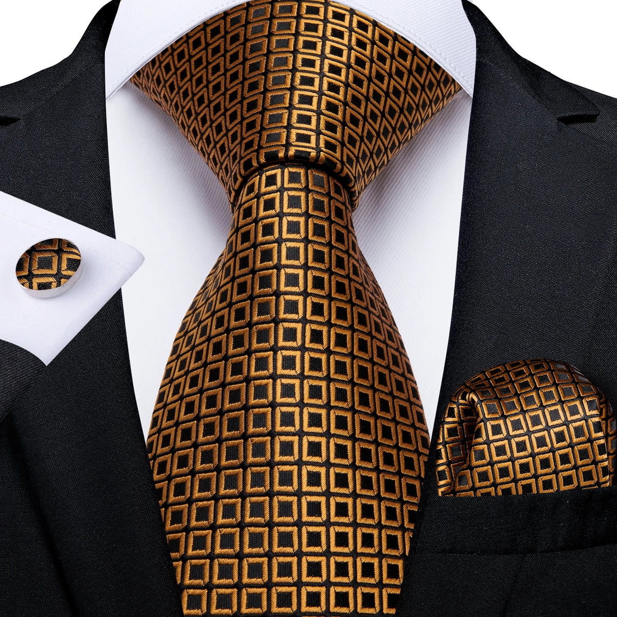 Luxury black and gold paisley silk tie set with matching pocket square and cufflinks, men's accessories by The Clothing Company Sydney.