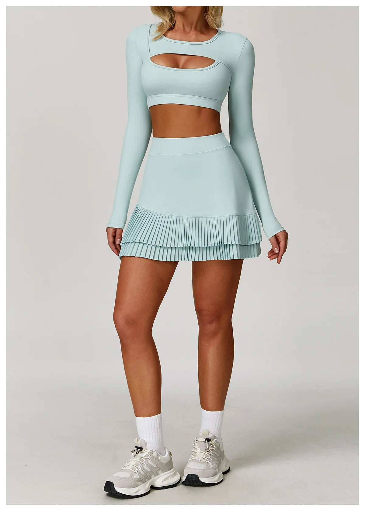 Two-piece women's fitness yoga gym outfit with sports bra and leggings from The Clothing Company Sydney, suitable for workout and running.