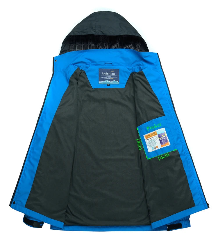 Men's outdoor camping hiking jacket by The Clothing Company Sydney, navy waterproof jacket with adjustable hood and multiple pockets.