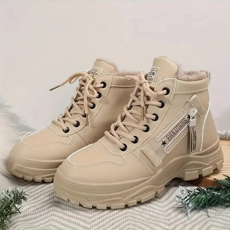 Women’s winter high-top snow boots by The Clothing Company Sydney with lace-up design, wedge heels, and cozy flannel lining.