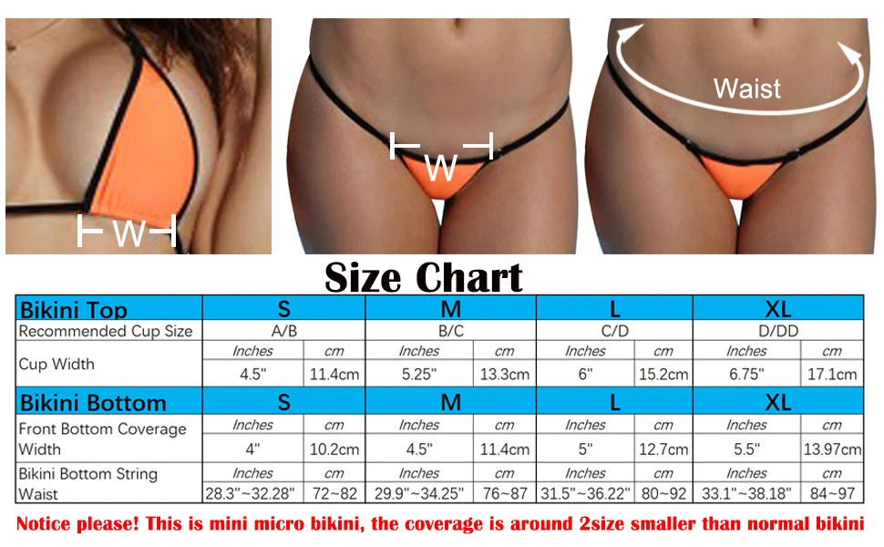 Two-piece micro bikini from The Clothing Company Sydney, featuring a tiny G-string style swimsuit in vibrant swimwear fabric.