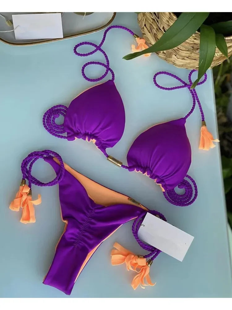 Backless women's bikini swimsuit with rope triangle top in vibrant swimwear by The Clothing Company Sydney, designed for beachwear.