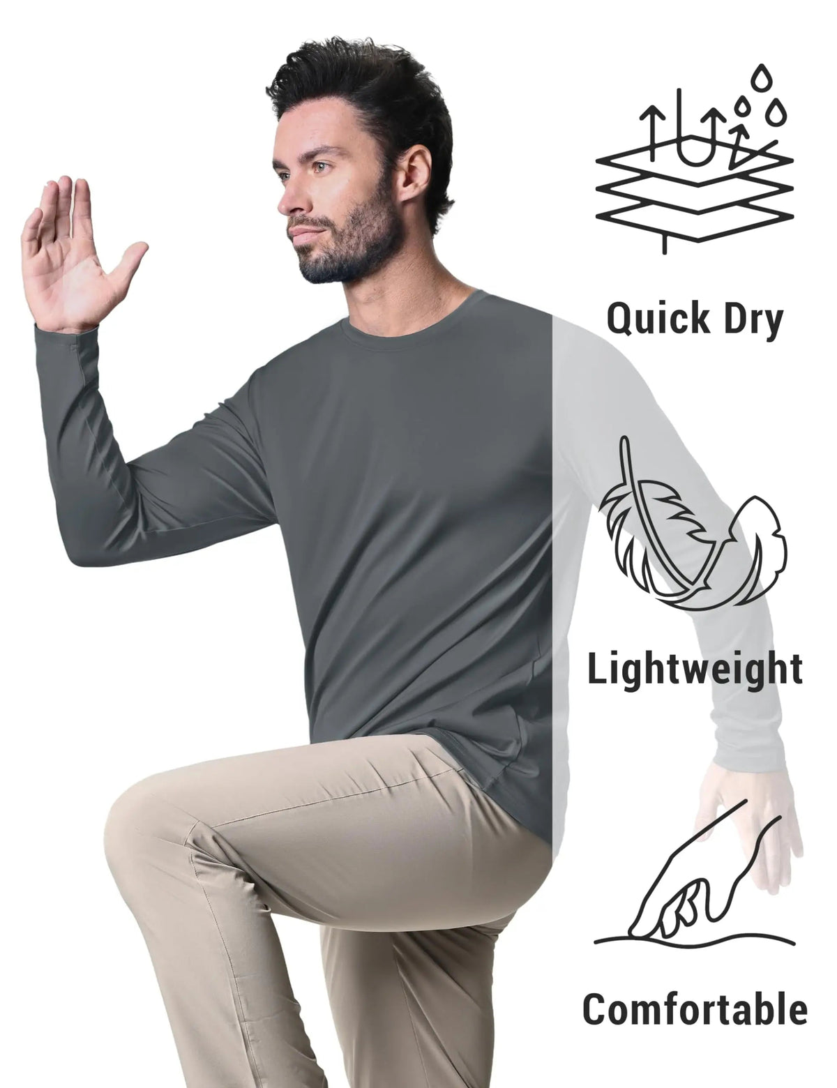 Men's quick dry long sleeve fitness T-shirt by The Clothing Company Sydney with UPF 80+ sun protection and athletic performance features.